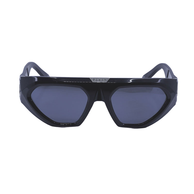 Philipp Plein Sunglasses Rectangle Full Rim, Shiny Black Frame and Grey Silver Mirror Lens SPP153Z42X