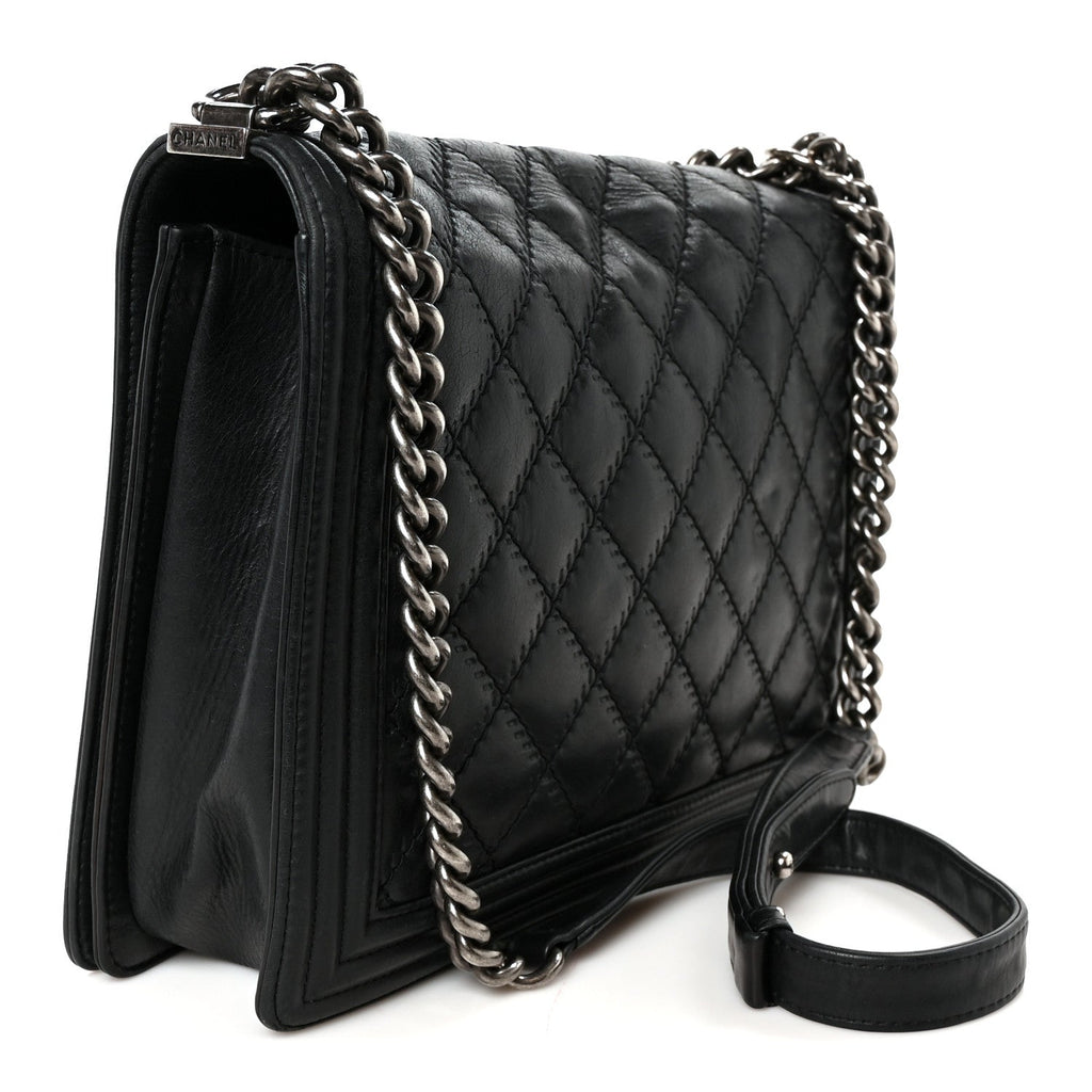 Calfskin Quilted Double Stitch New Medium Boy Flap Black
