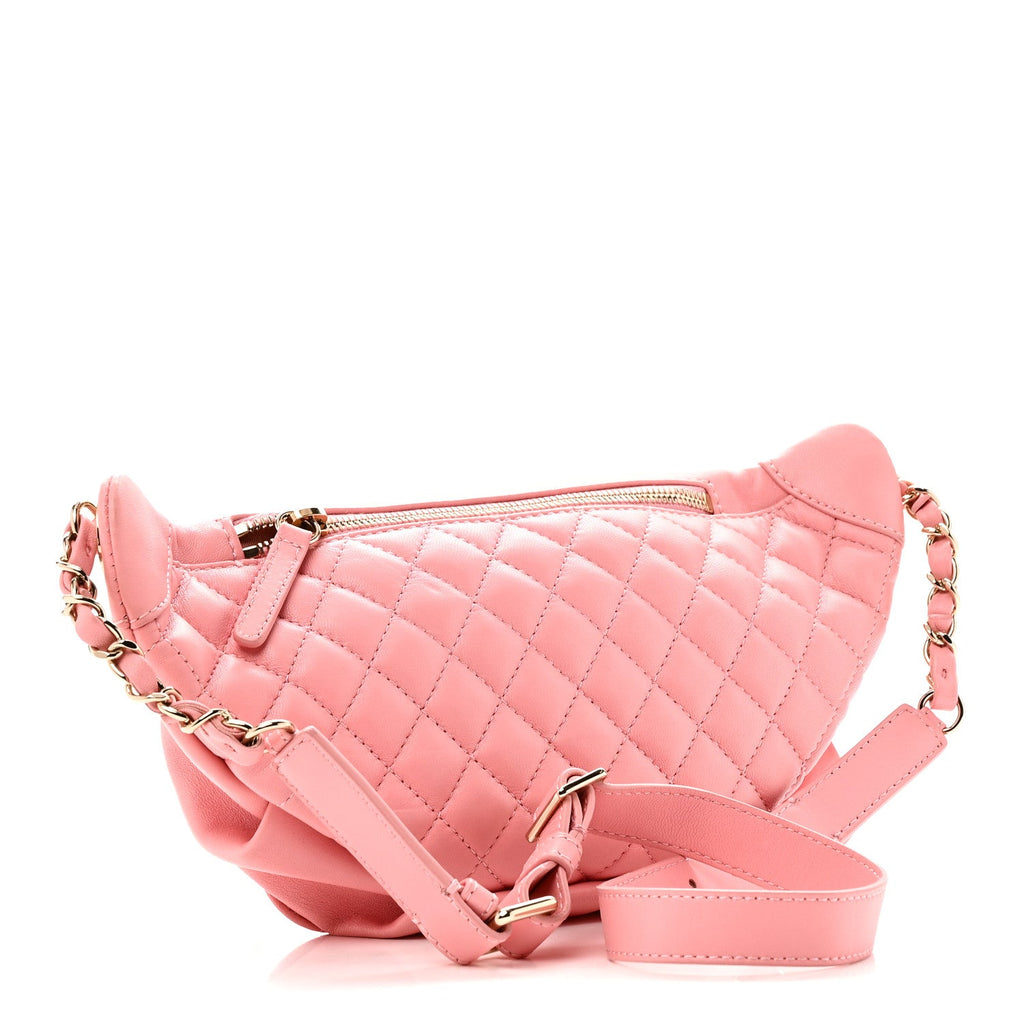 Lambskin Quilted Bi Waist Bag Fanny Pack Pink