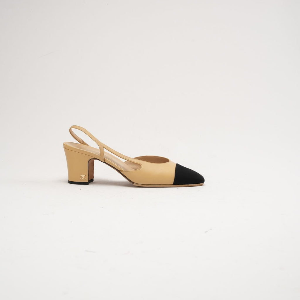 Chanel Beige /Black Cap Toe CC Slingback Pumps Size 39