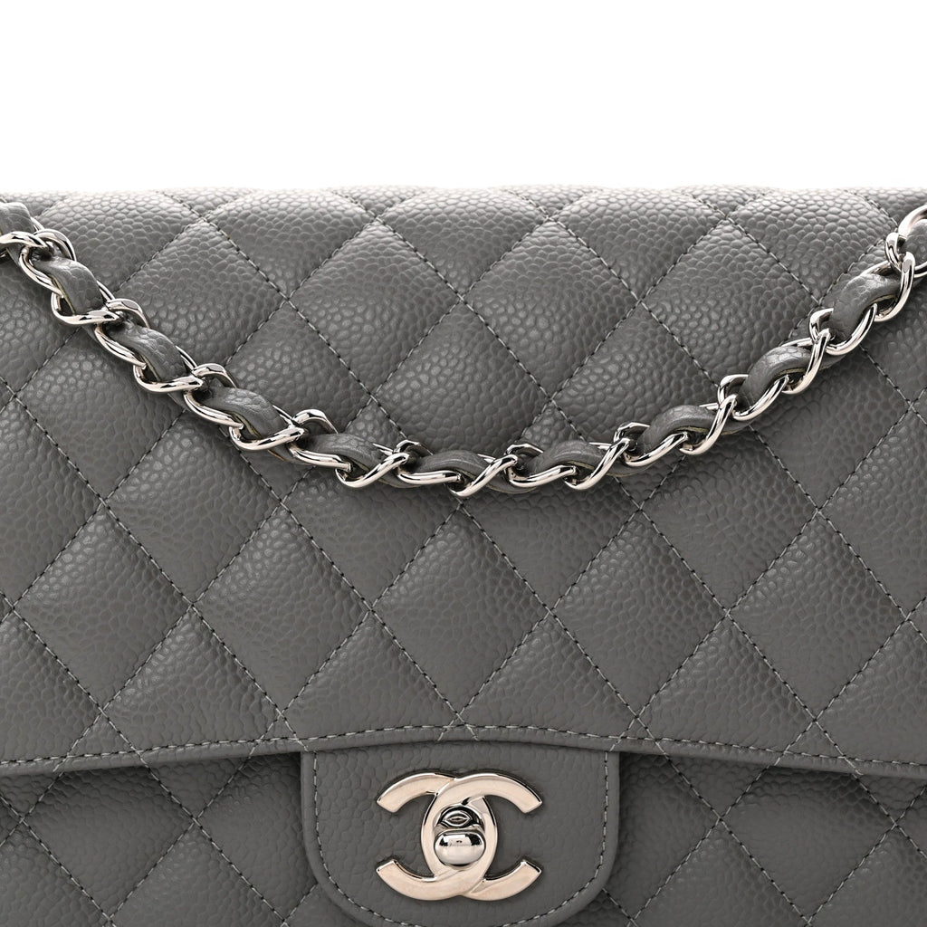 Caviar Quilted Medium Double Flap Grey