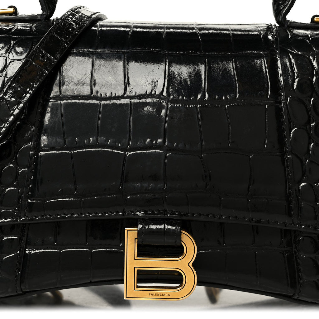 Shiny Calfskin Crocodile Embossed Small Hourglass Top Handle Bag Black