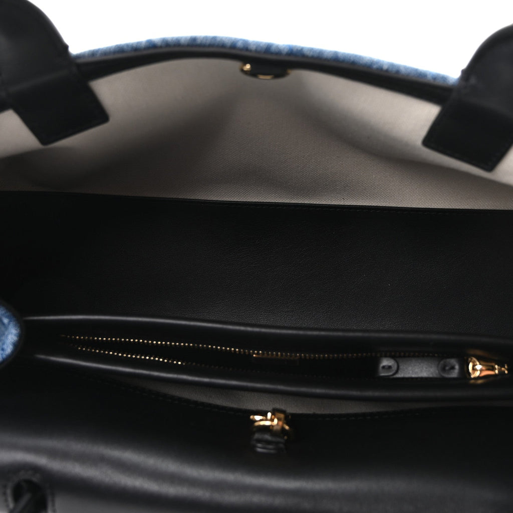 Calfskin Denim Stitched Urban Essentials Small Shopping Bag Blue Black