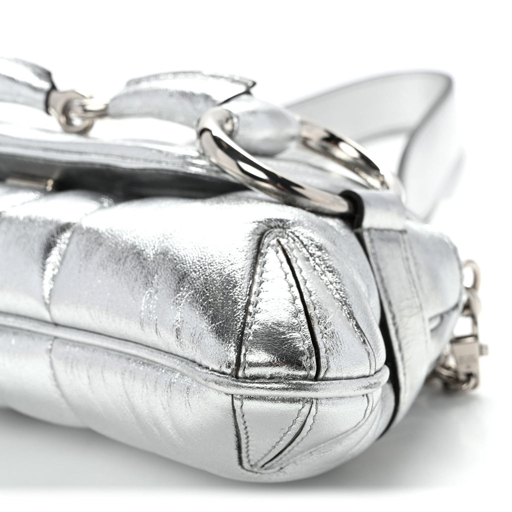 Metallic Nappa Vertical Matelasse Small Maxi Horsebit Chain Shoulder Bag Silver