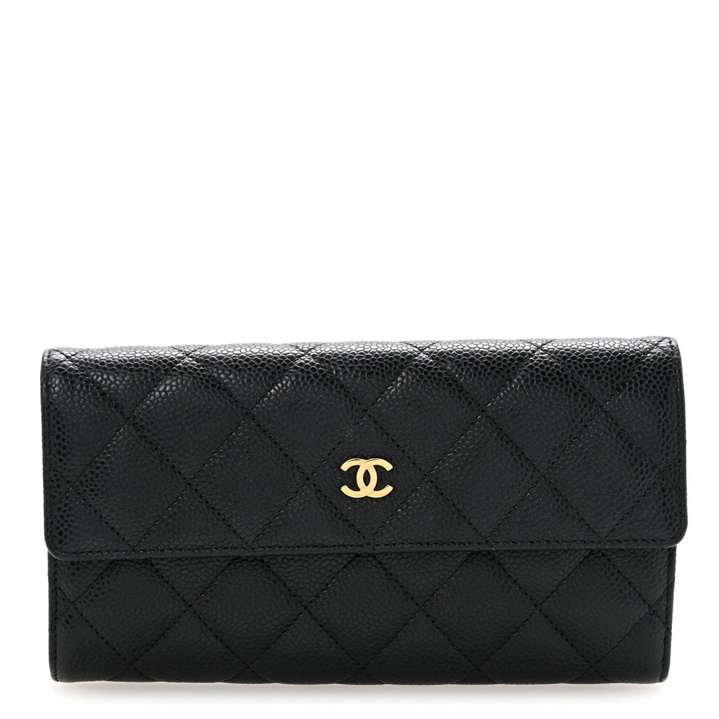Caviar Quilted Large Gusset Flap Wallet Black