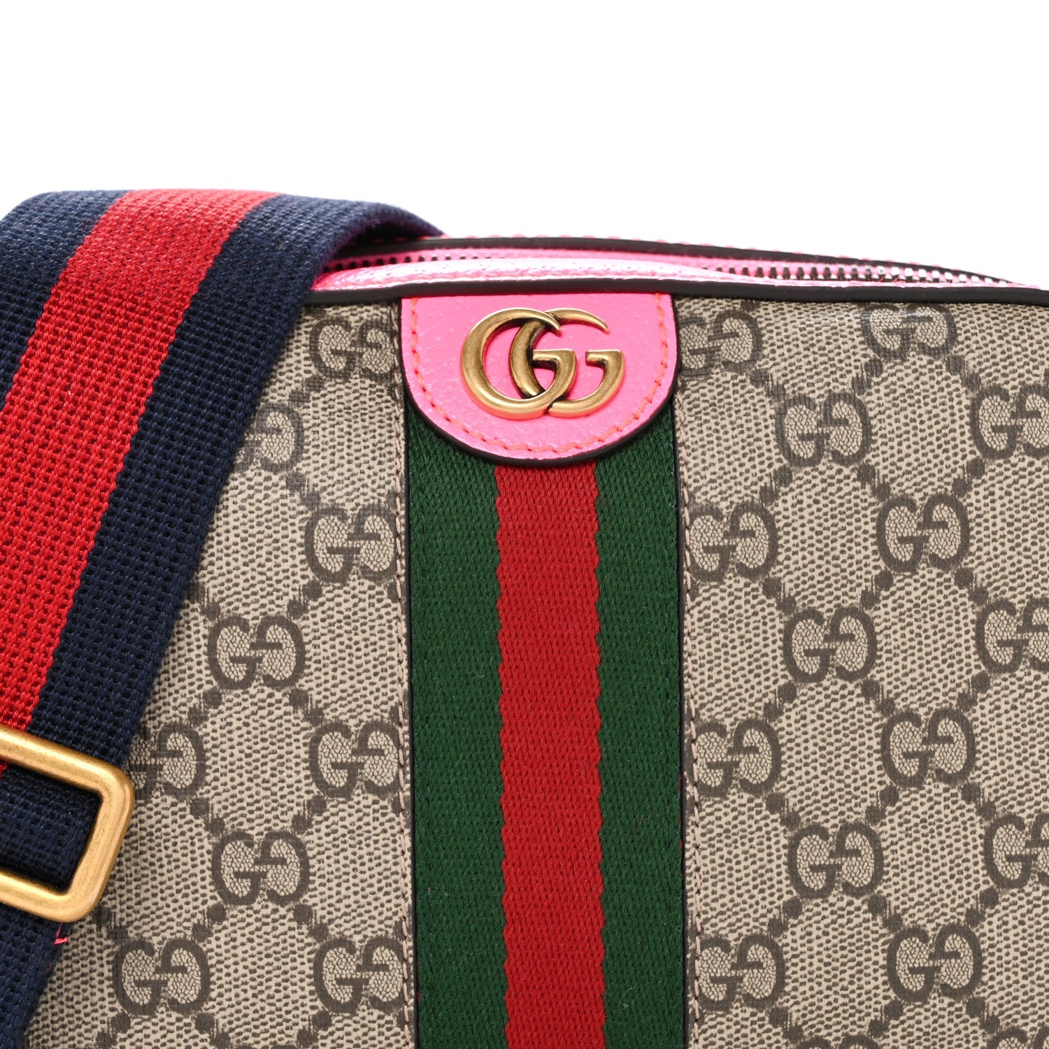 GG Supreme Monogram Textured Dollar Calfskin Web Ophidia Small Crossbody Bag Beige Ebony Fuchsia