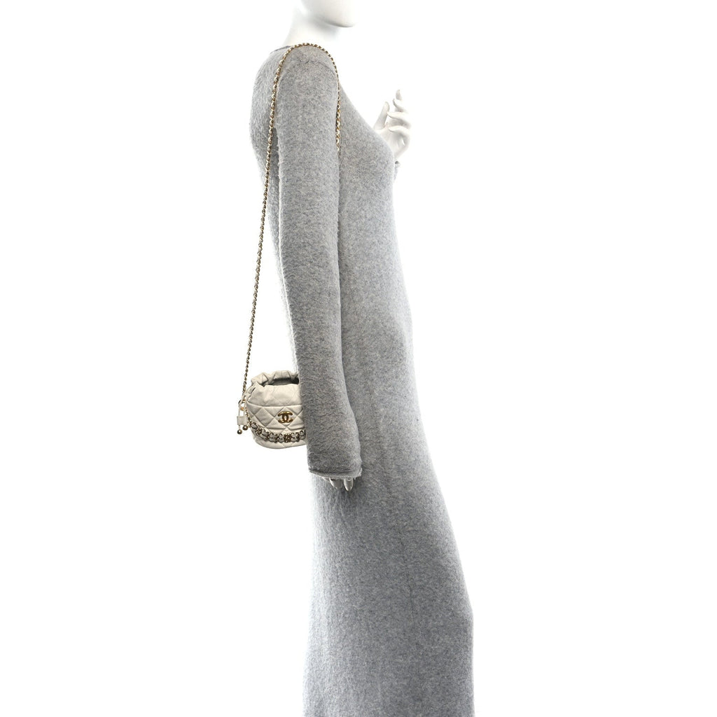 Caviar Quilted Coco First Bucket Clutch With Chain White