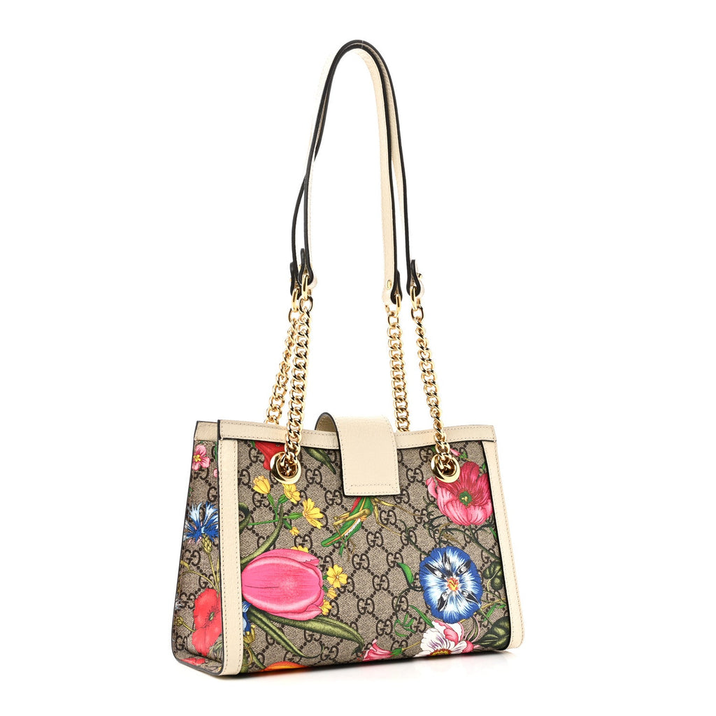 GG Supreme Monogram Flora Textured Calfskin Small Padlock Tote Beige Ebony Multicolor Mystic White