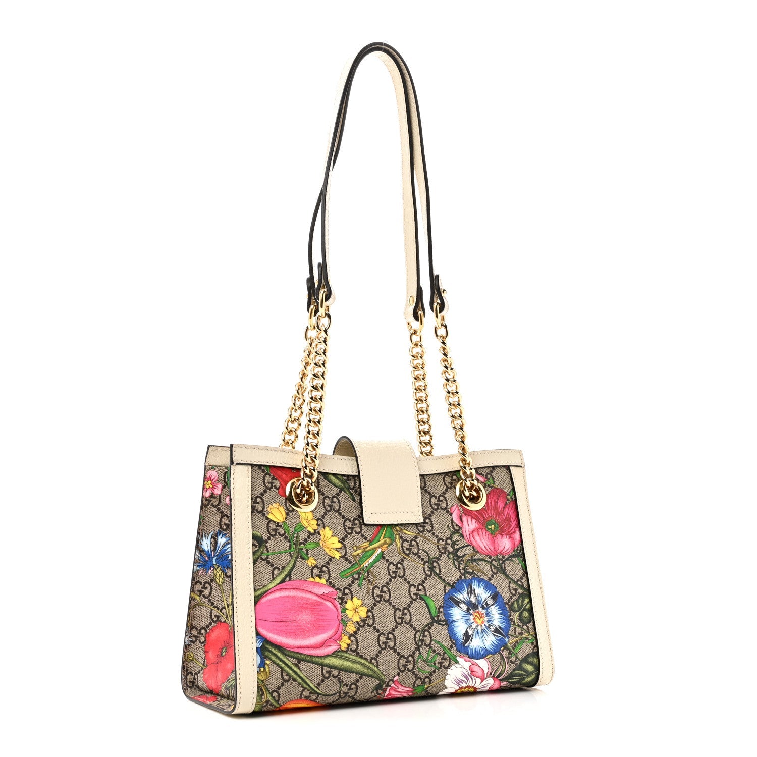 GG Supreme Monogram Flora Textured Calfskin Small Padlock Tote Beige Ebony Multicolor Mystic White