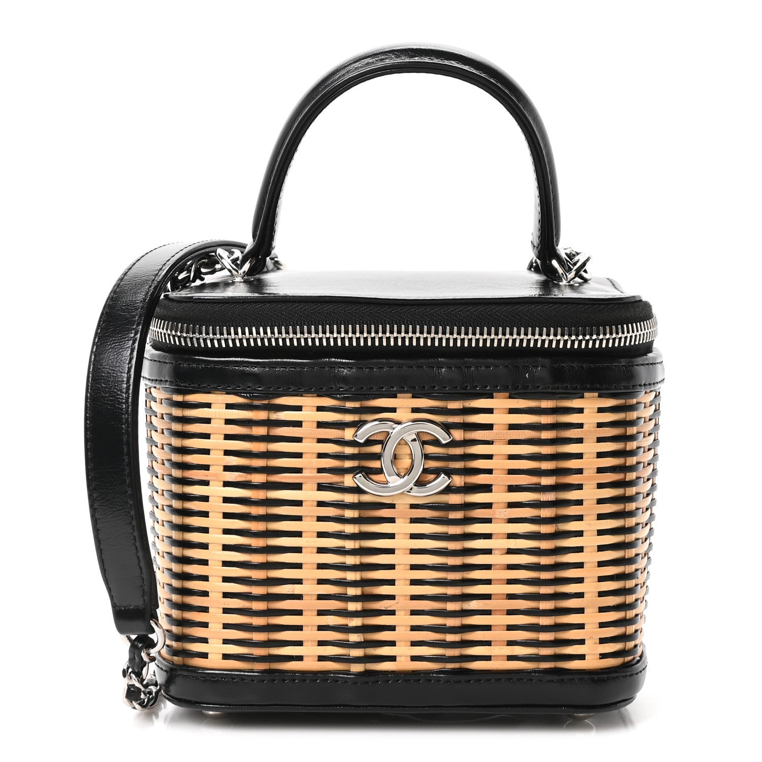Calfskin Raffia Small Vanity Case Bag Black Beige