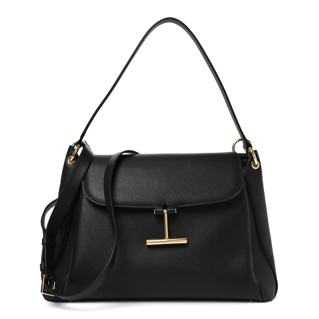 Natural Grain Calfskin Tara Medium Shoulder Bag Black