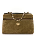 Suede Calfskin Top Handle Slim Vanity Case With Chain Dark Khaki