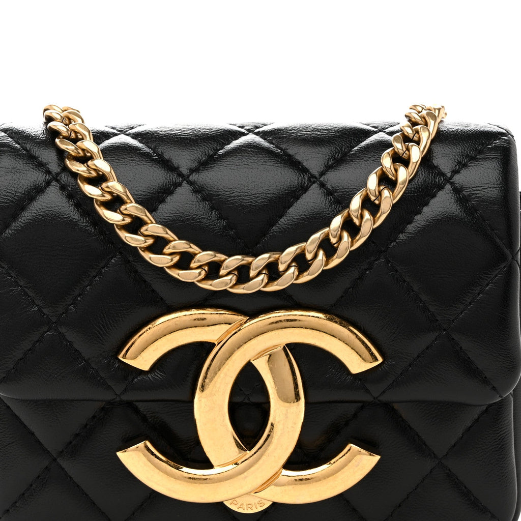 Shiny Crumpled Lambskin Quilted Mini Giant CC Flap Black Black
