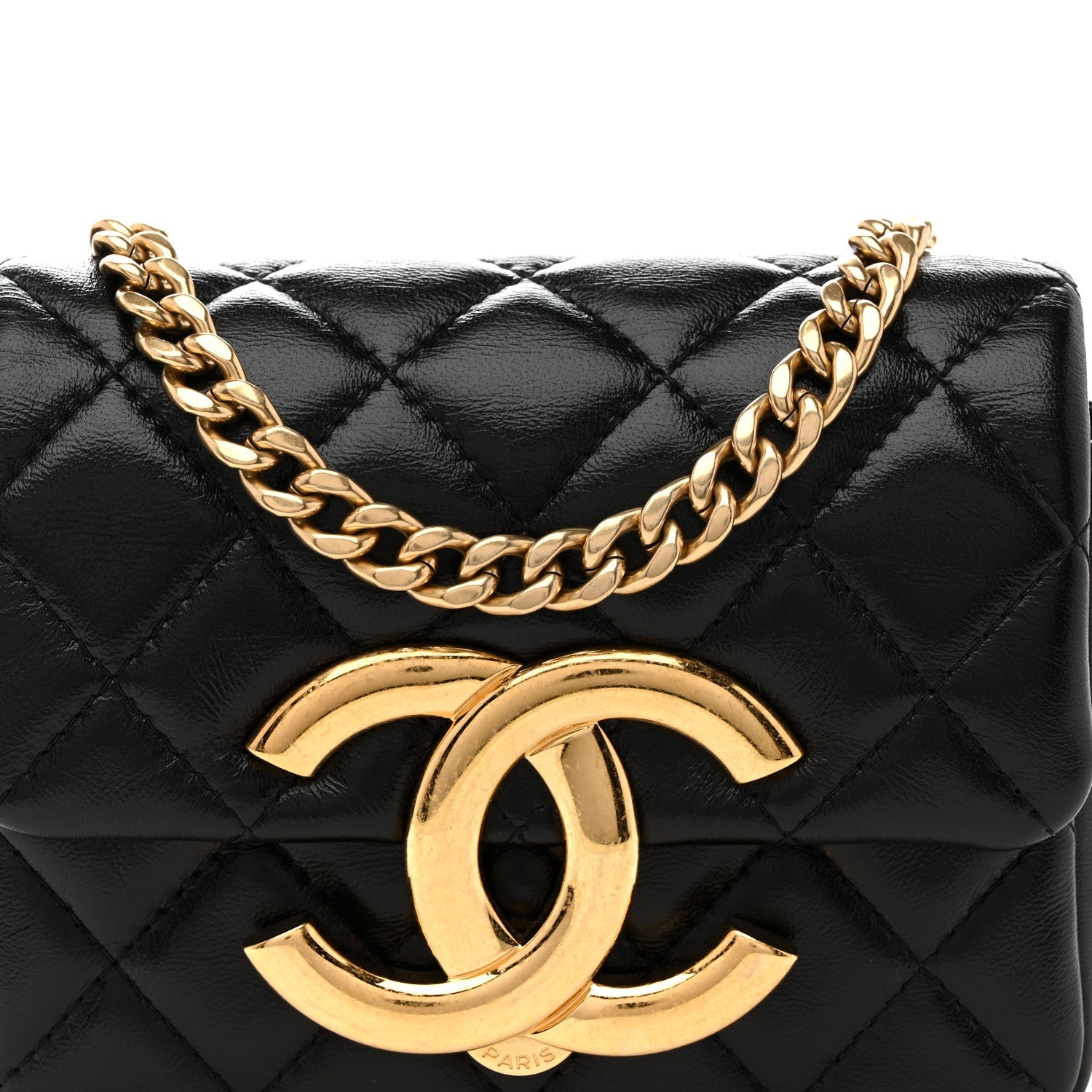 Shiny Crumpled Lambskin Quilted Mini Giant CC Flap Black Black