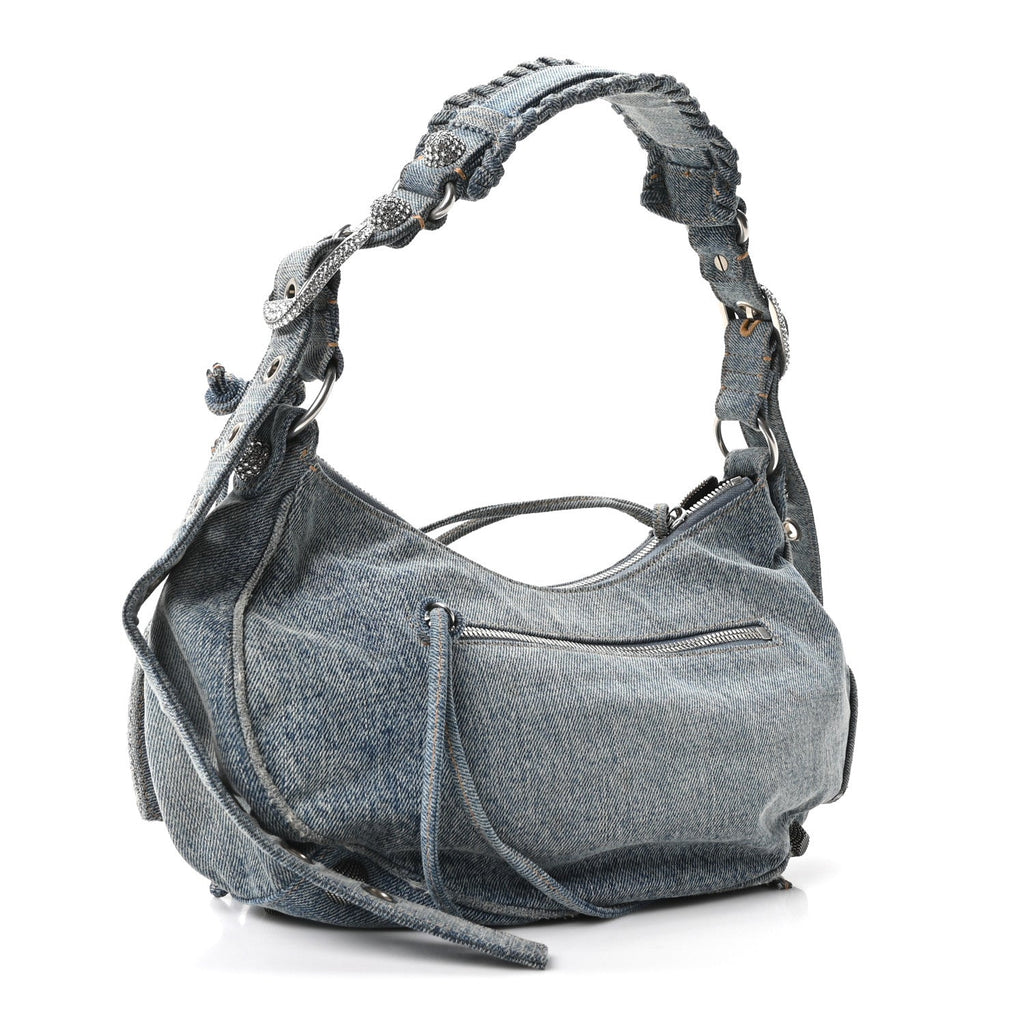 Washed Frayed Denim Crystal Small Le Cagole Shoulder Bag Blue