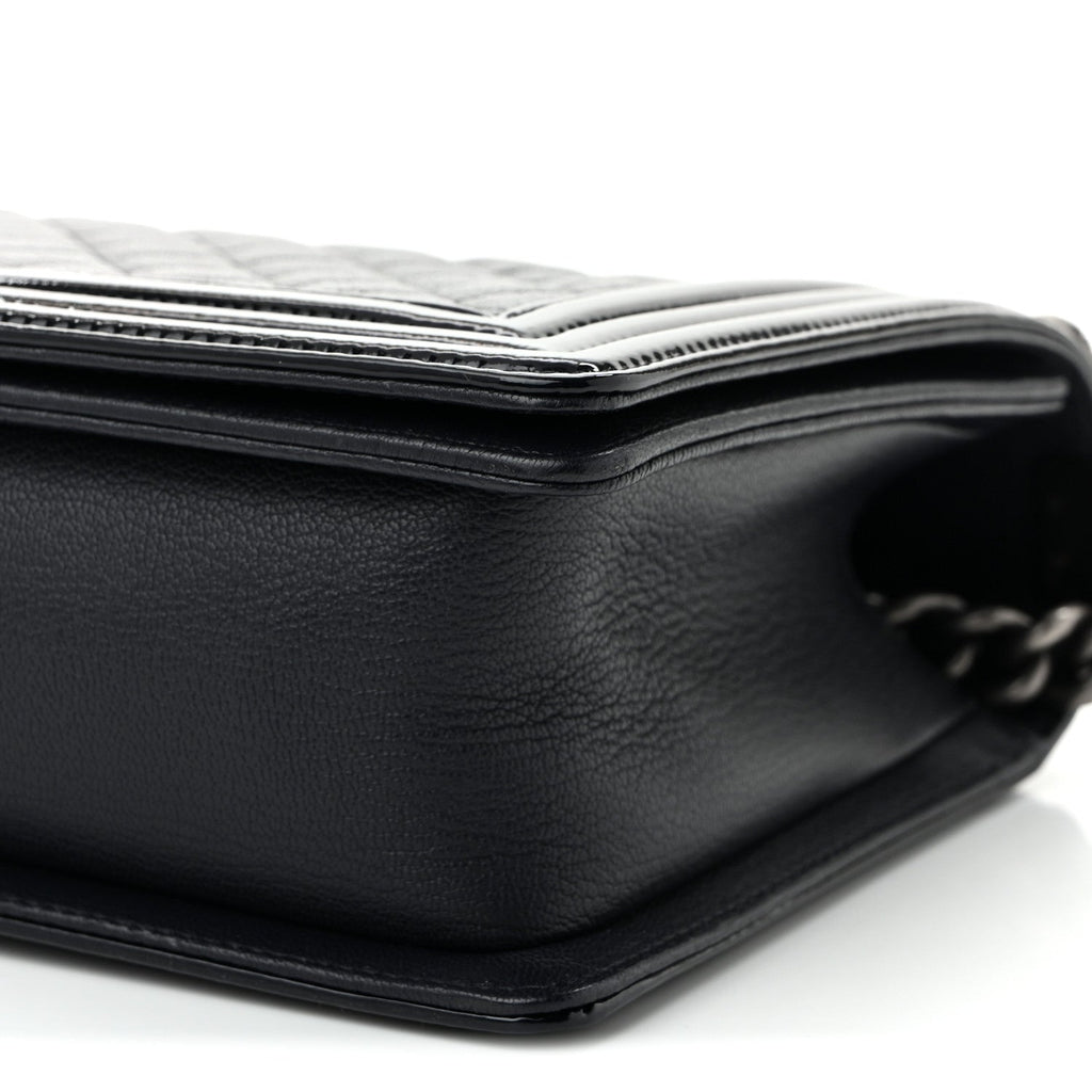 Goatskin Quilted Patent New Medium Duo Boy Flap Black