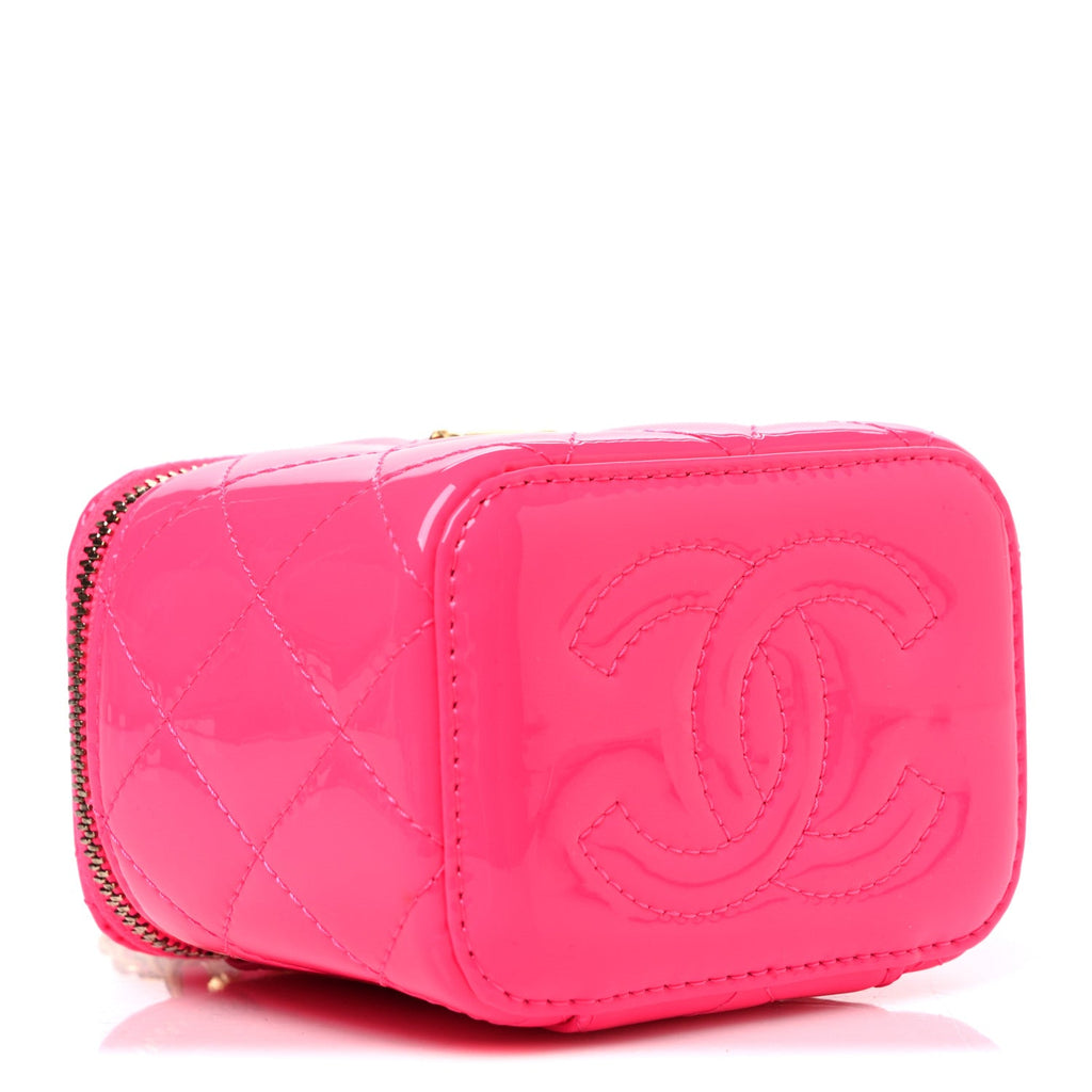 Patent Quilted Pearl Crush Mini Vanity Case With Chain Neon Pink