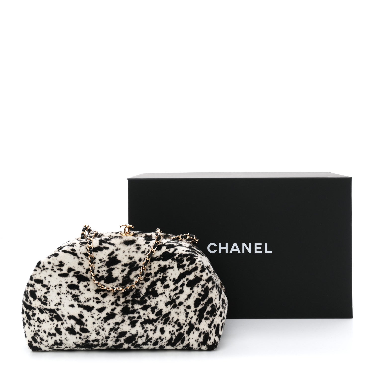 Lambskin Pony Hair Printed Clutch With Chain Black White