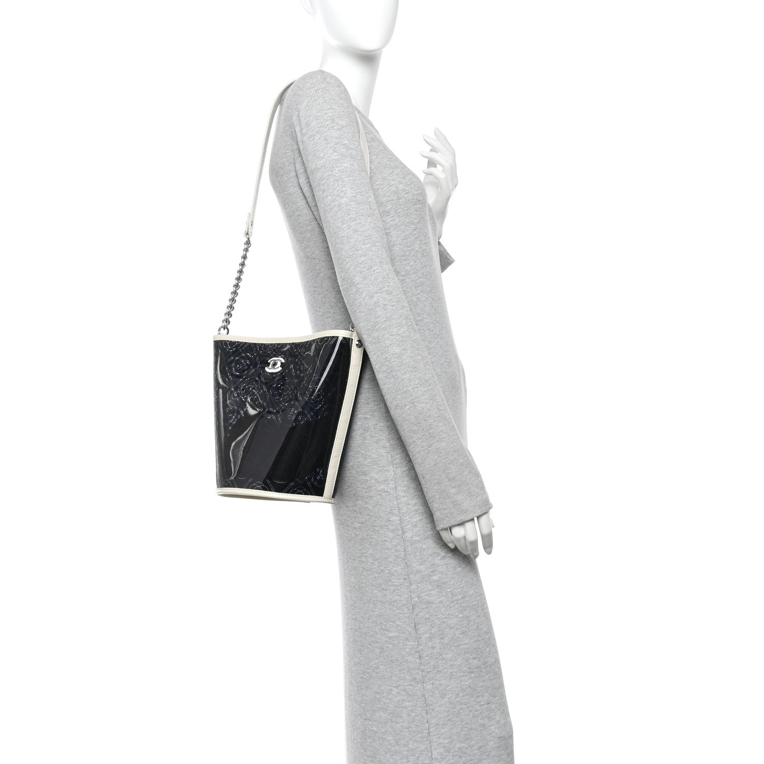 Crumpled Calfskin PVC Camellia Coco Bucket Bag Black White