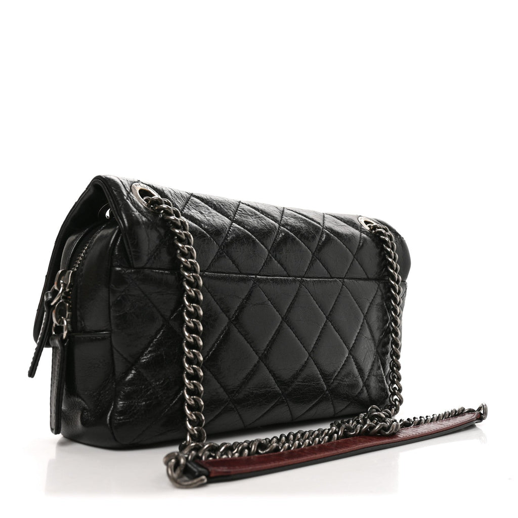 Glazed Calfskin Quilted Medium Duo Color Flap Black