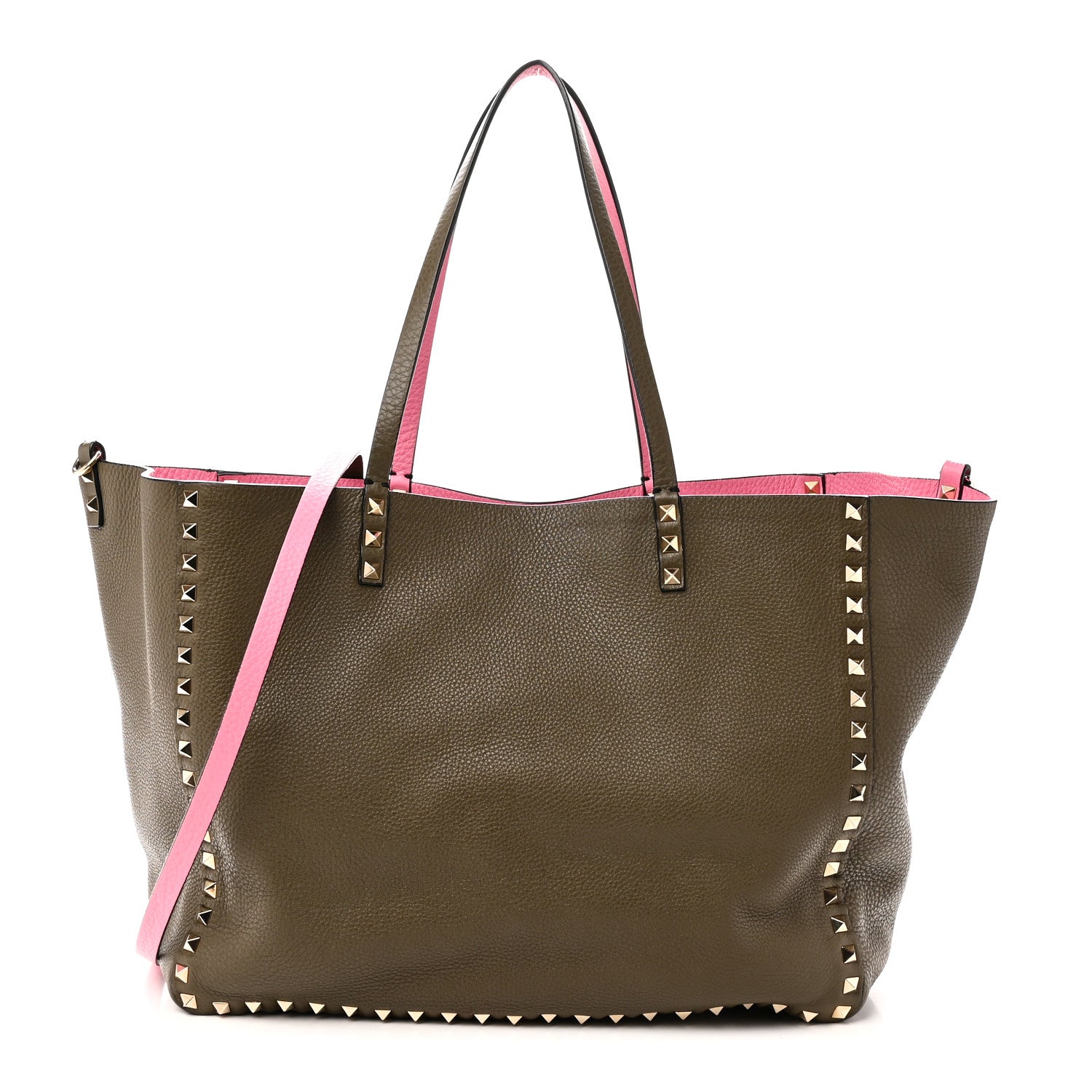 Grained Calfskin Medium Rockstud Reversible Tote Army Green Pink