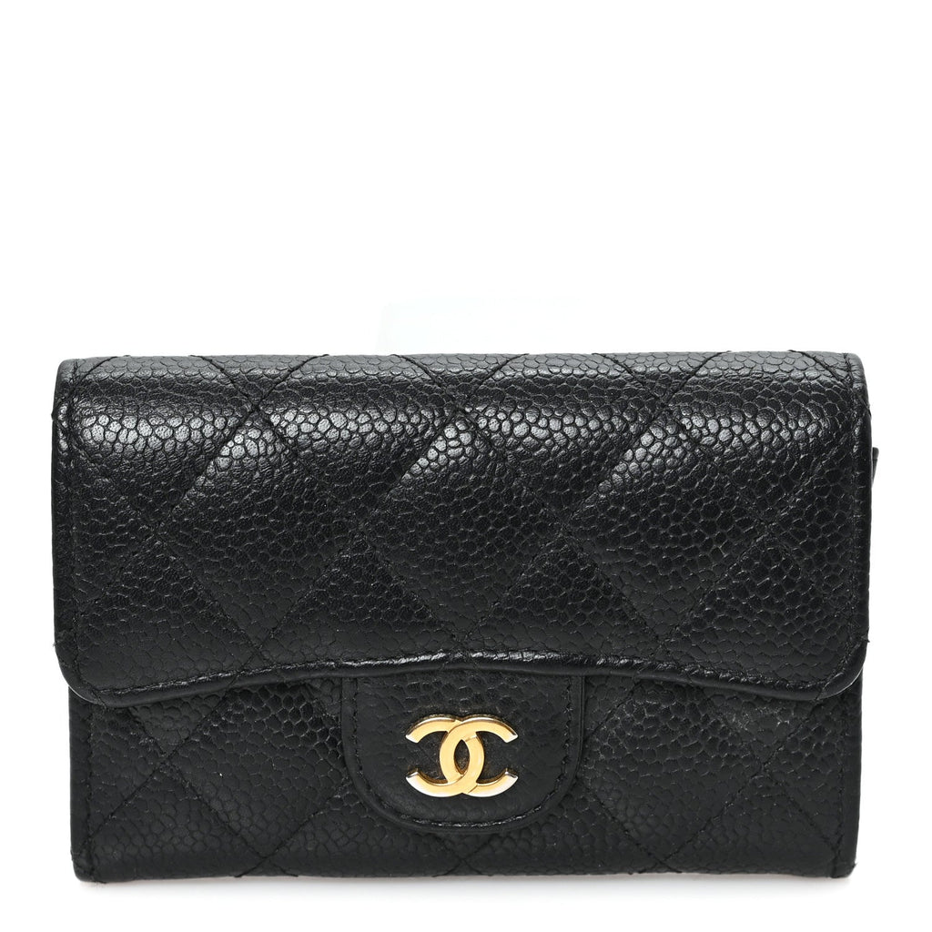Caviar Quilted Flap Card Holder Wallet Black