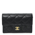 Caviar Quilted Flap Card Holder Wallet Black