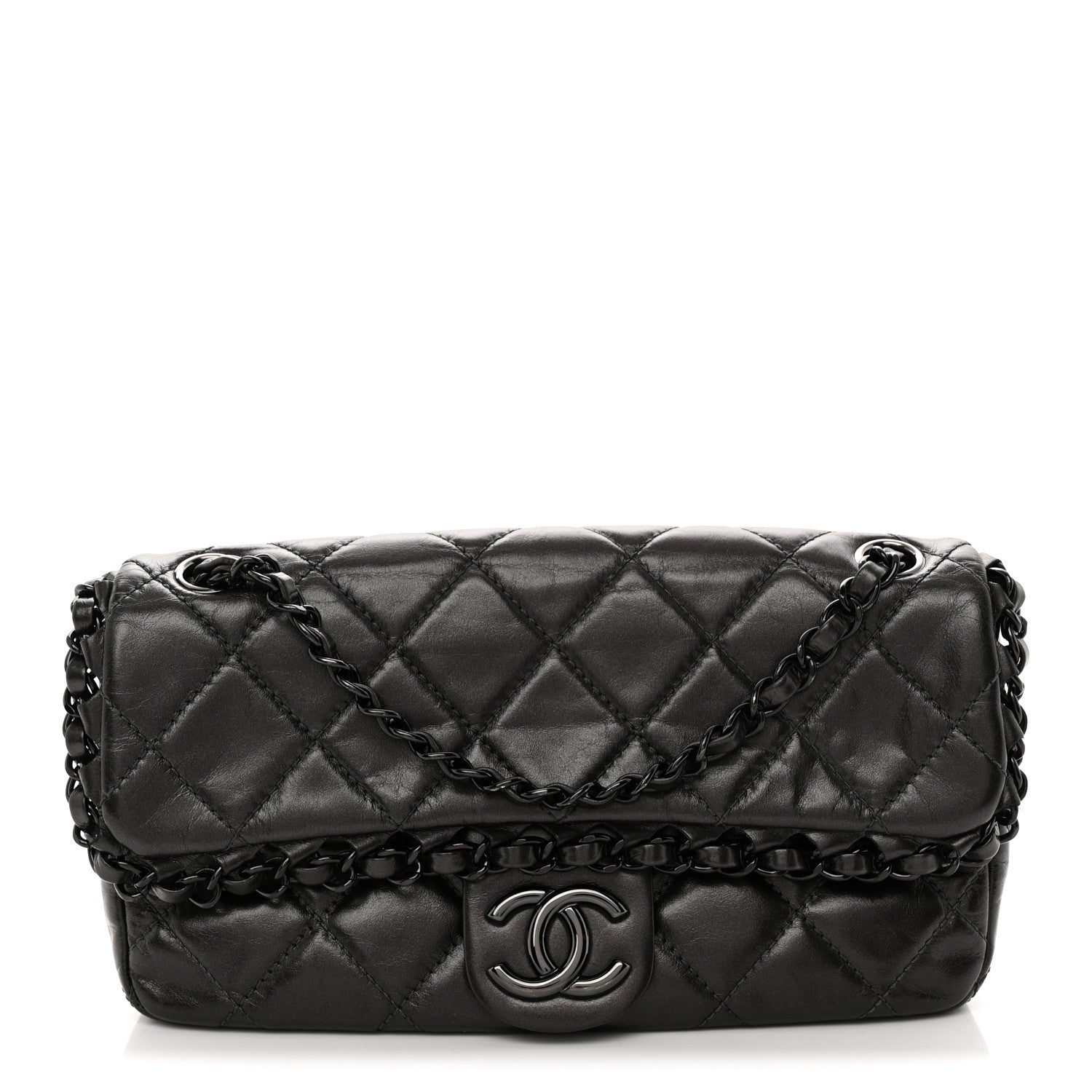 Metallic Calfskin Quilted Chain All Over Flap Bag Grey