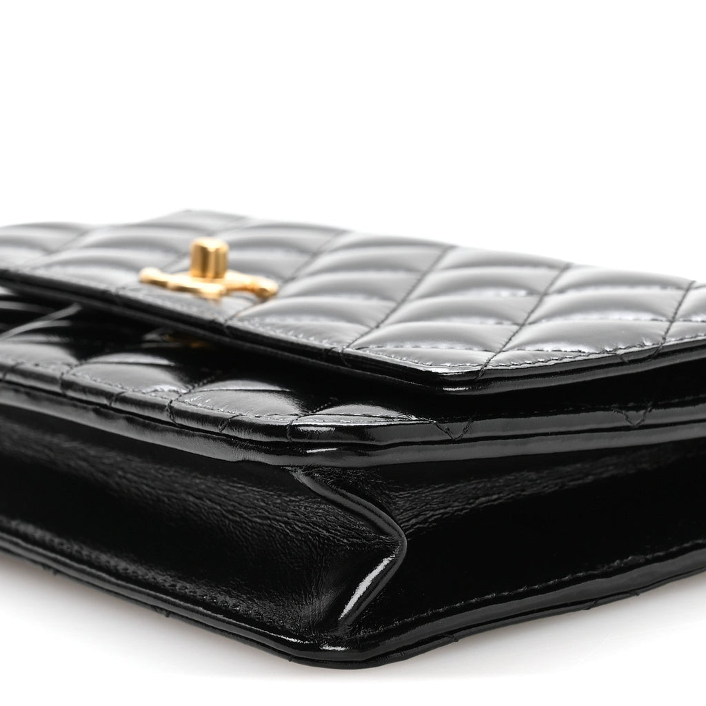 Shiny Crumpled Calfskin Quilted Precious Tie Wallet On Chain WOC Black