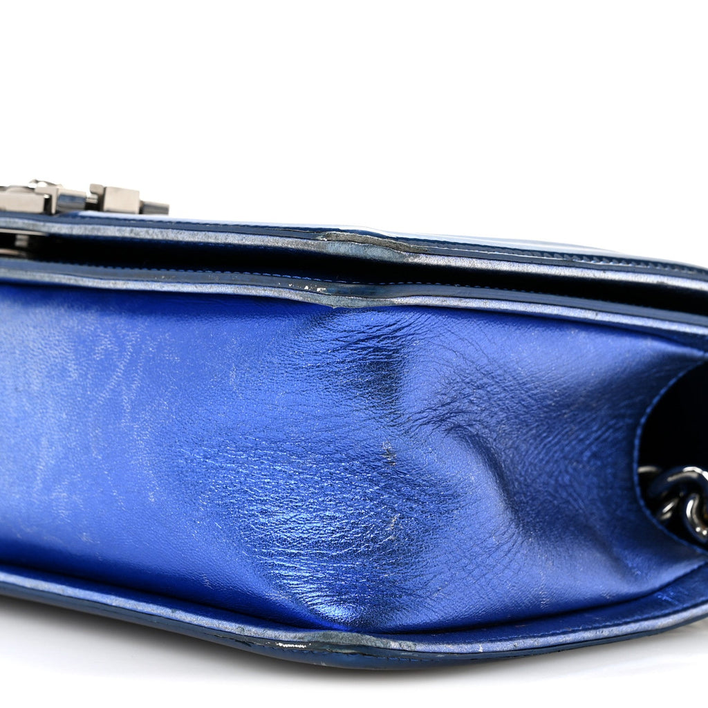 Metallic Patent Quilted Medium Boy Flap Blue