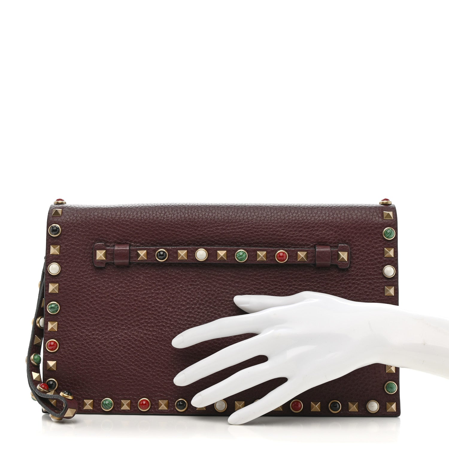 Pebbled Calfskin Rockstud Rolling Wristlet Clutch  Rubin