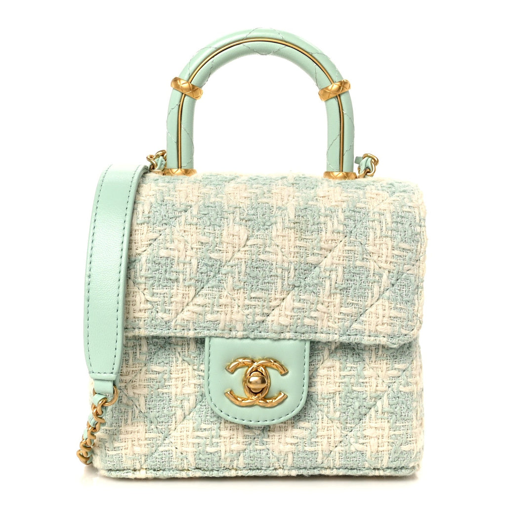 Tweed Handle Crush Top Handle Flap Bag Light Blue Ecru