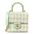 Tweed Handle Crush Top Handle Flap Bag Light Blue Ecru