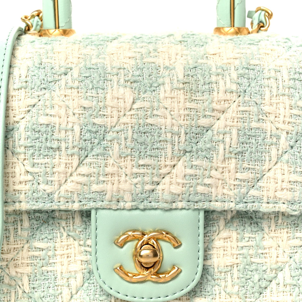 Tweed Handle Crush Top Handle Flap Bag Light Blue Ecru