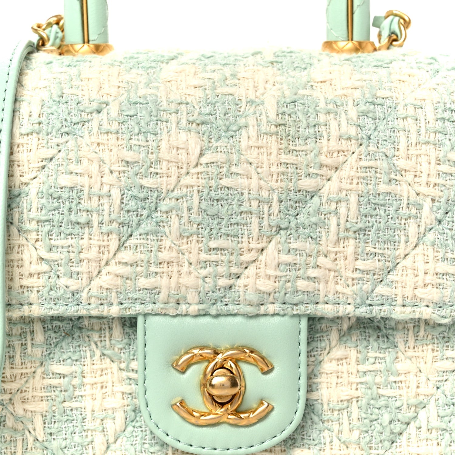 Tweed Handle Crush Top Handle Flap Bag Light Blue Ecru