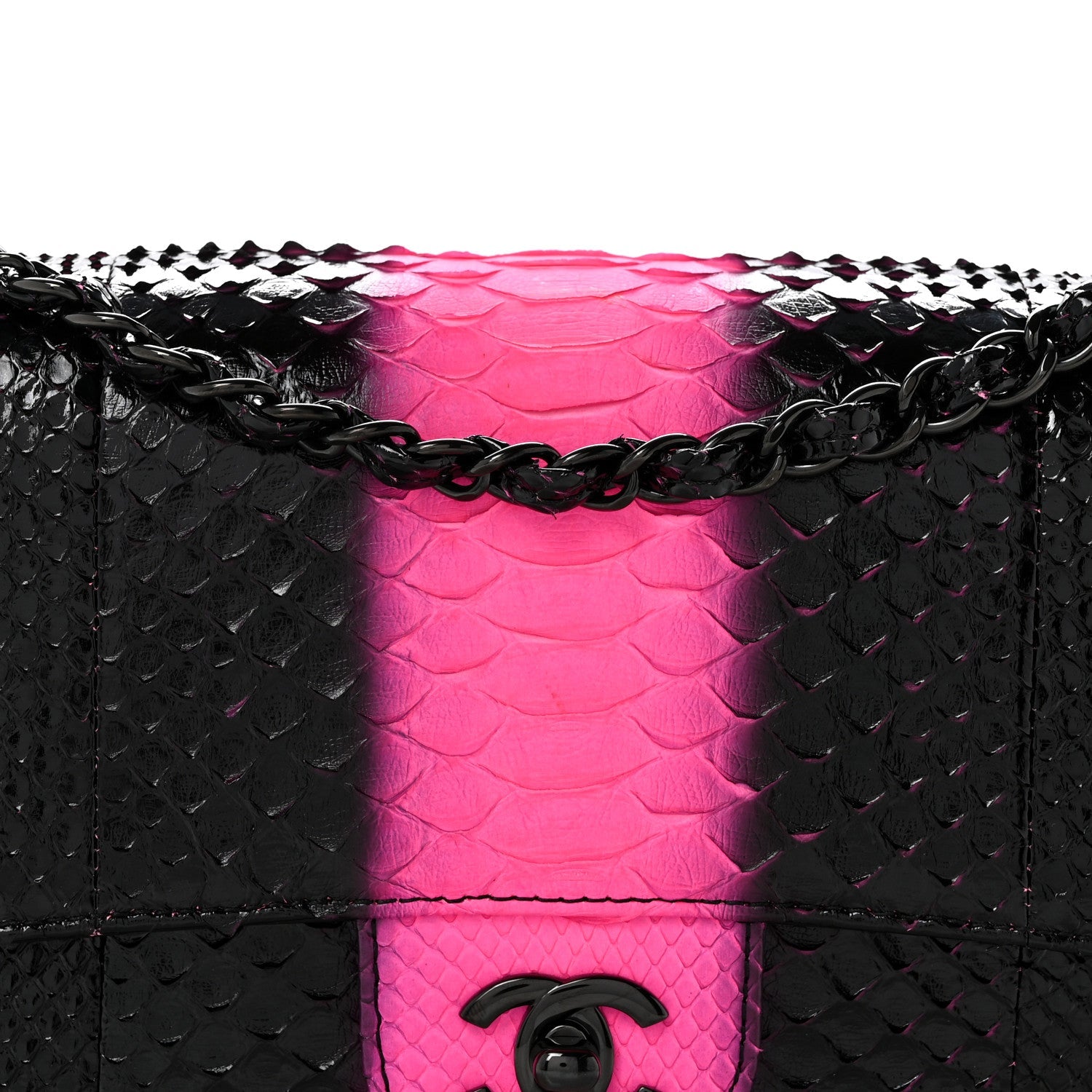 Snakeskin Medium Double Flap Black Pink