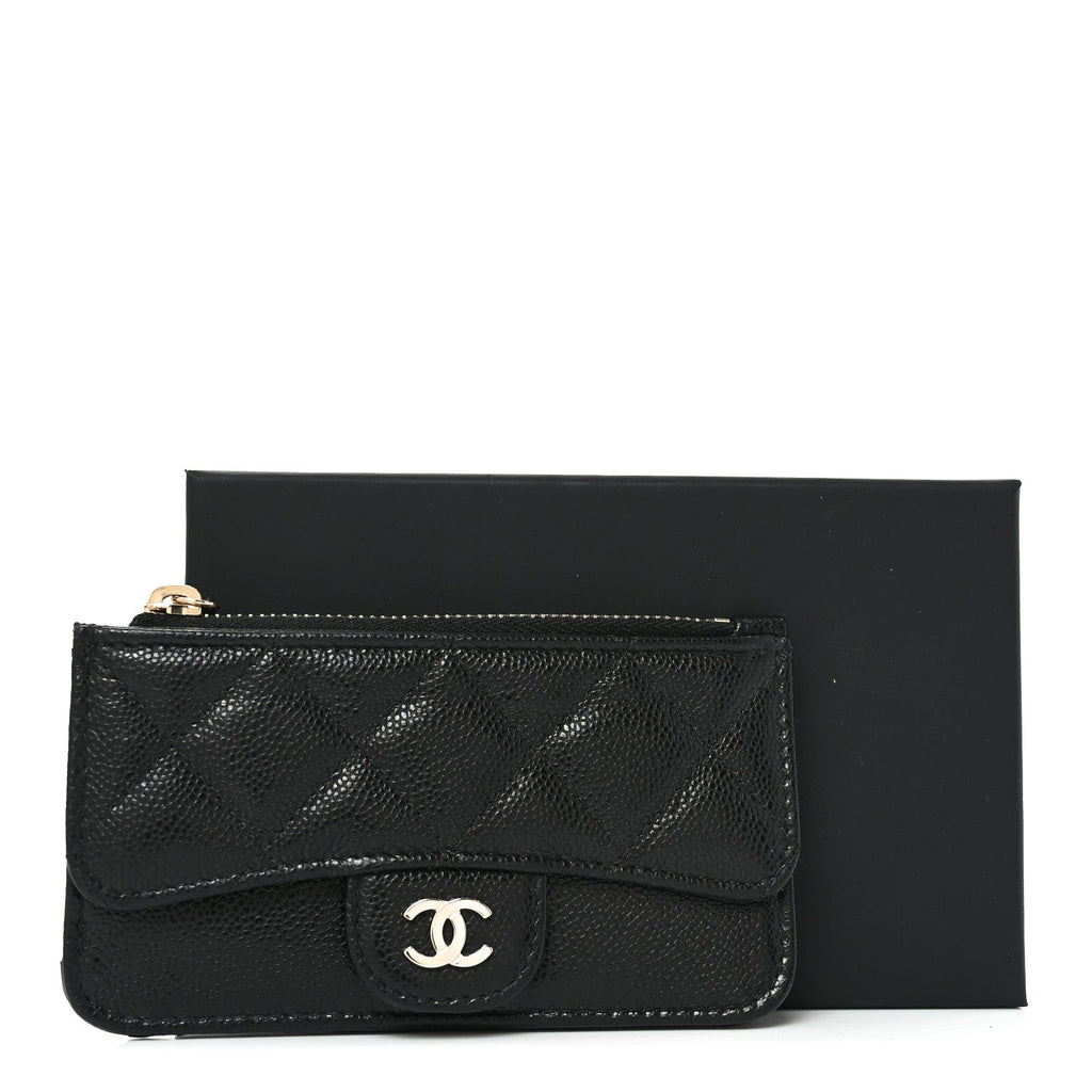 Caviar Quilted Flap Zip Card Holder Black