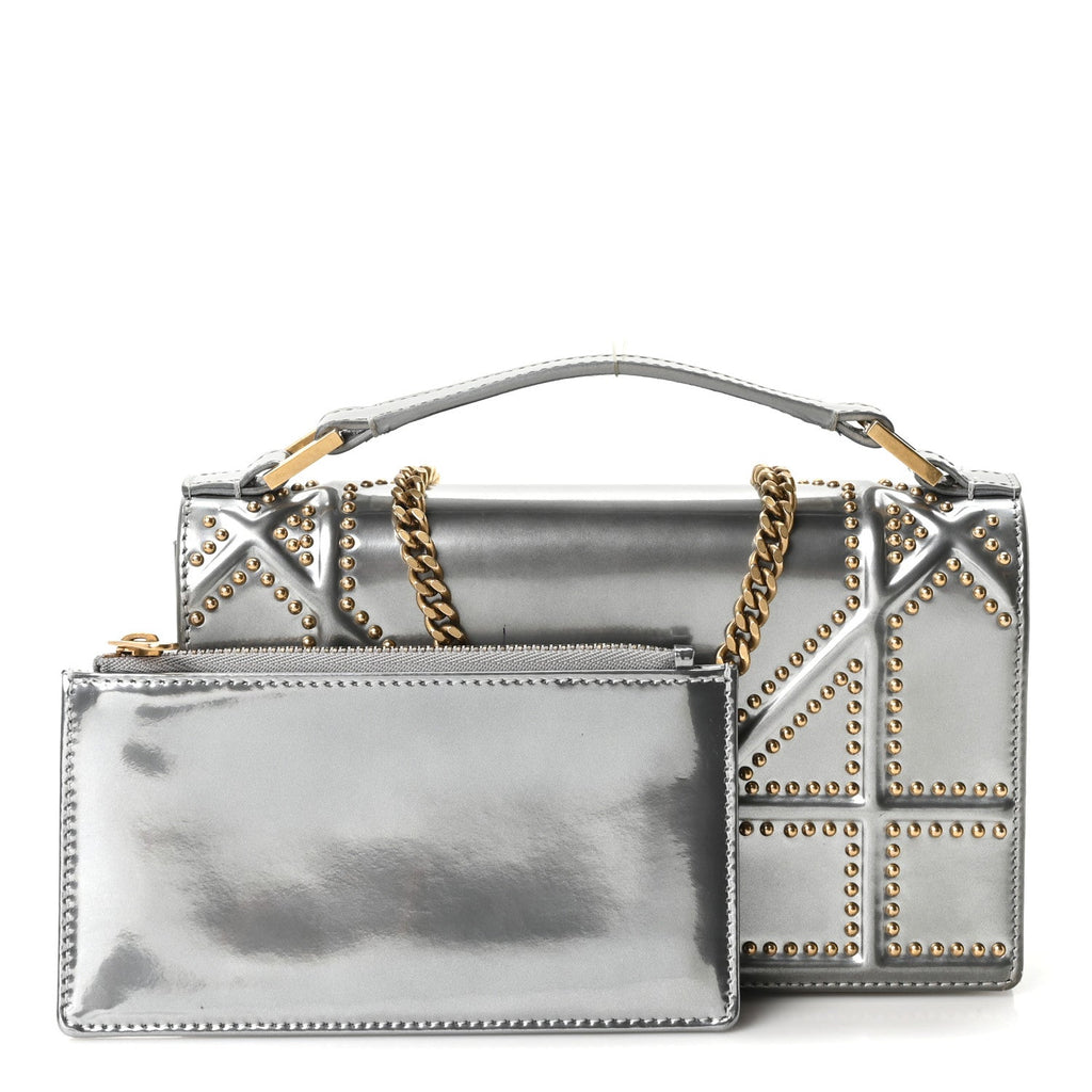 Metallic Patent Studded Diorama Top Handle Wallet on Chain Pouch Silver