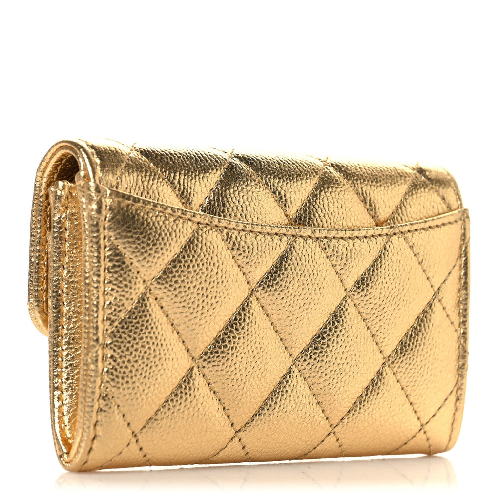 Metallic Caviar Quilted Flap Card Holder Wallet Gold