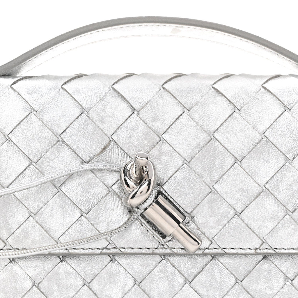 Metallic Lambskin Intrecciato Long Andiamo Top Handle Clutch Silver