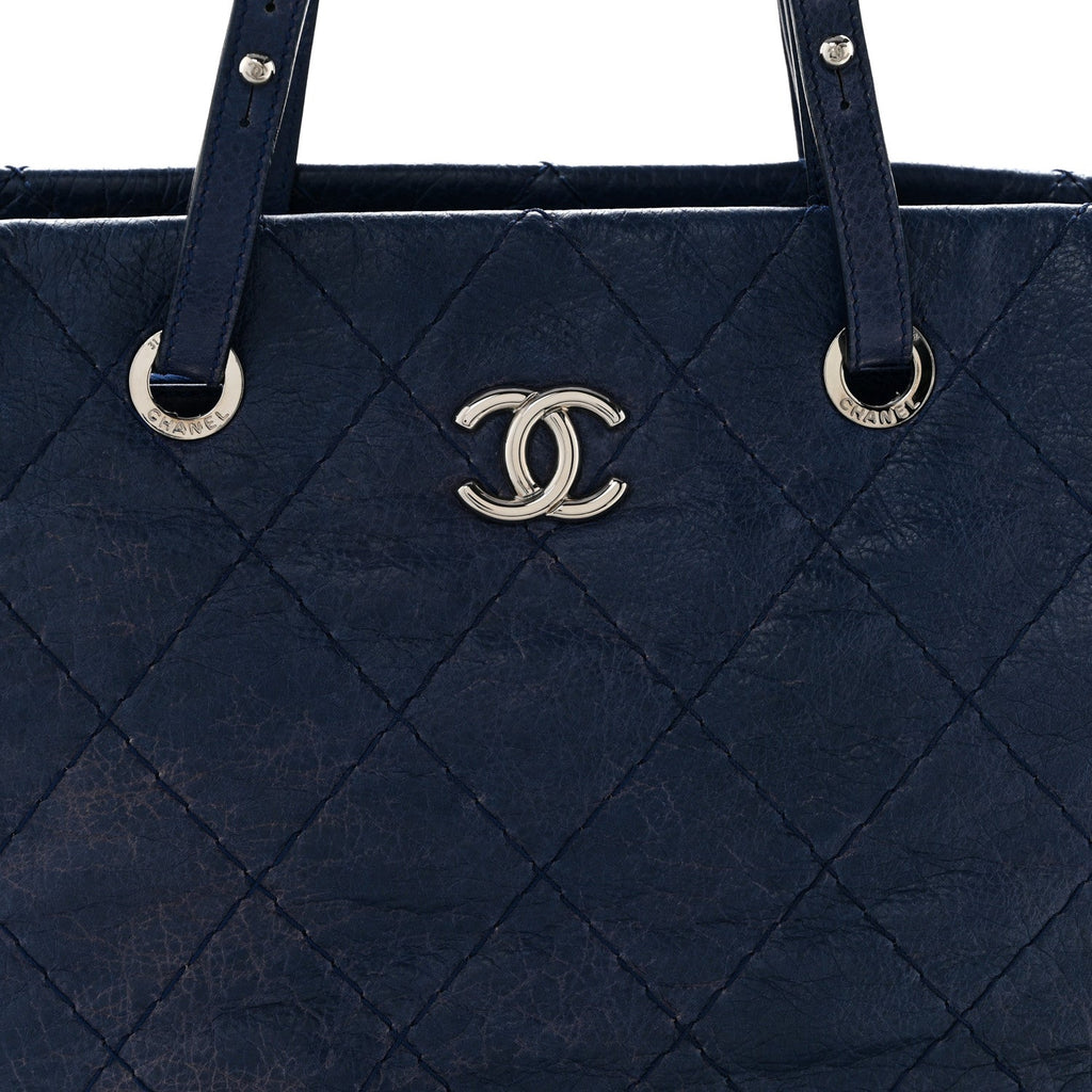 Glazed Calfskin Large On The Road Tote Dark Blue