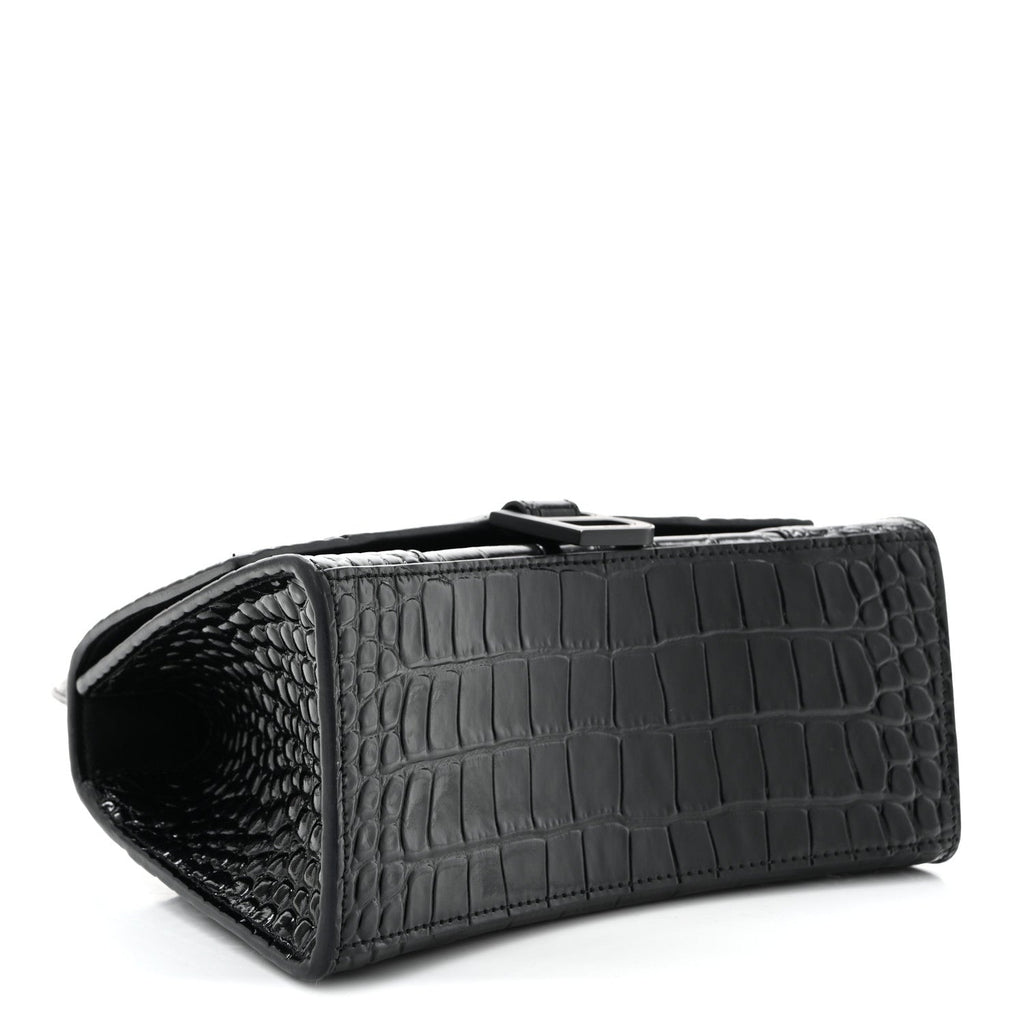 Shiny Calfskin Monochrome Crocodile Embossed Small Hourglass Top Handle Bag Black