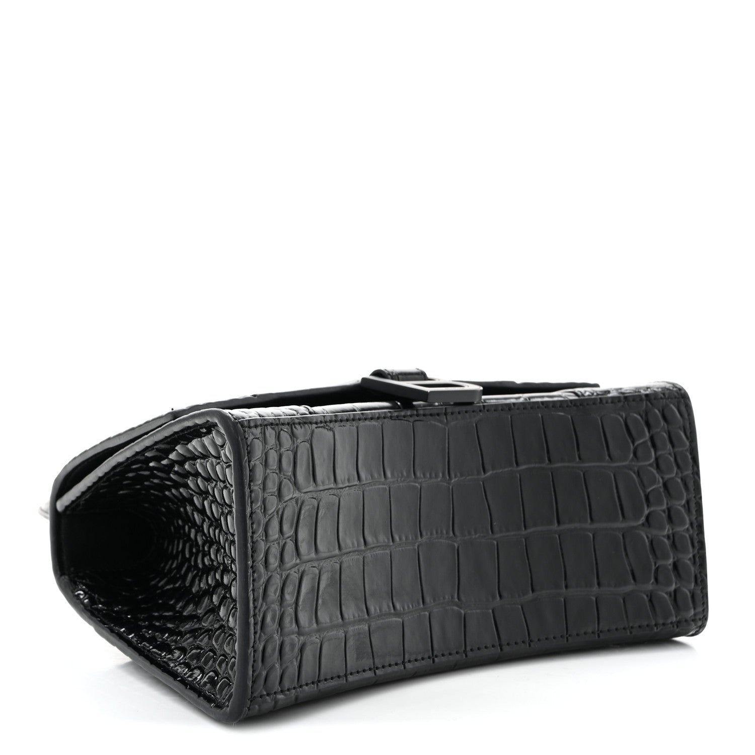 Shiny Calfskin Monochrome Crocodile Embossed Small Hourglass Top Handle Bag Black