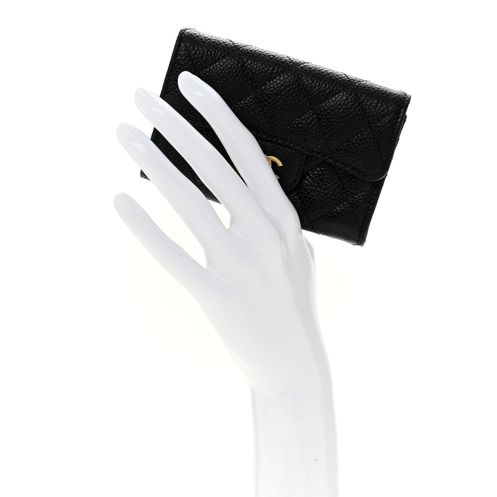 Caviar Quilted Flap Card Holder Wallet Black