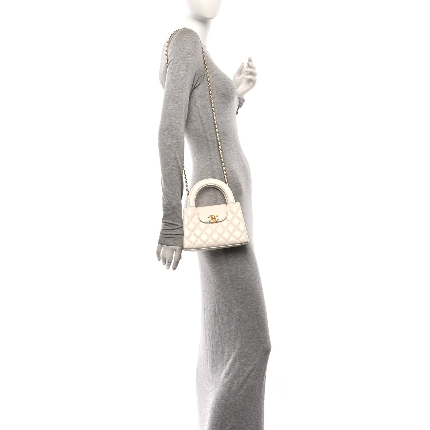 Shiny Aged Calfskin Quilted Nano Kelly Shopper White