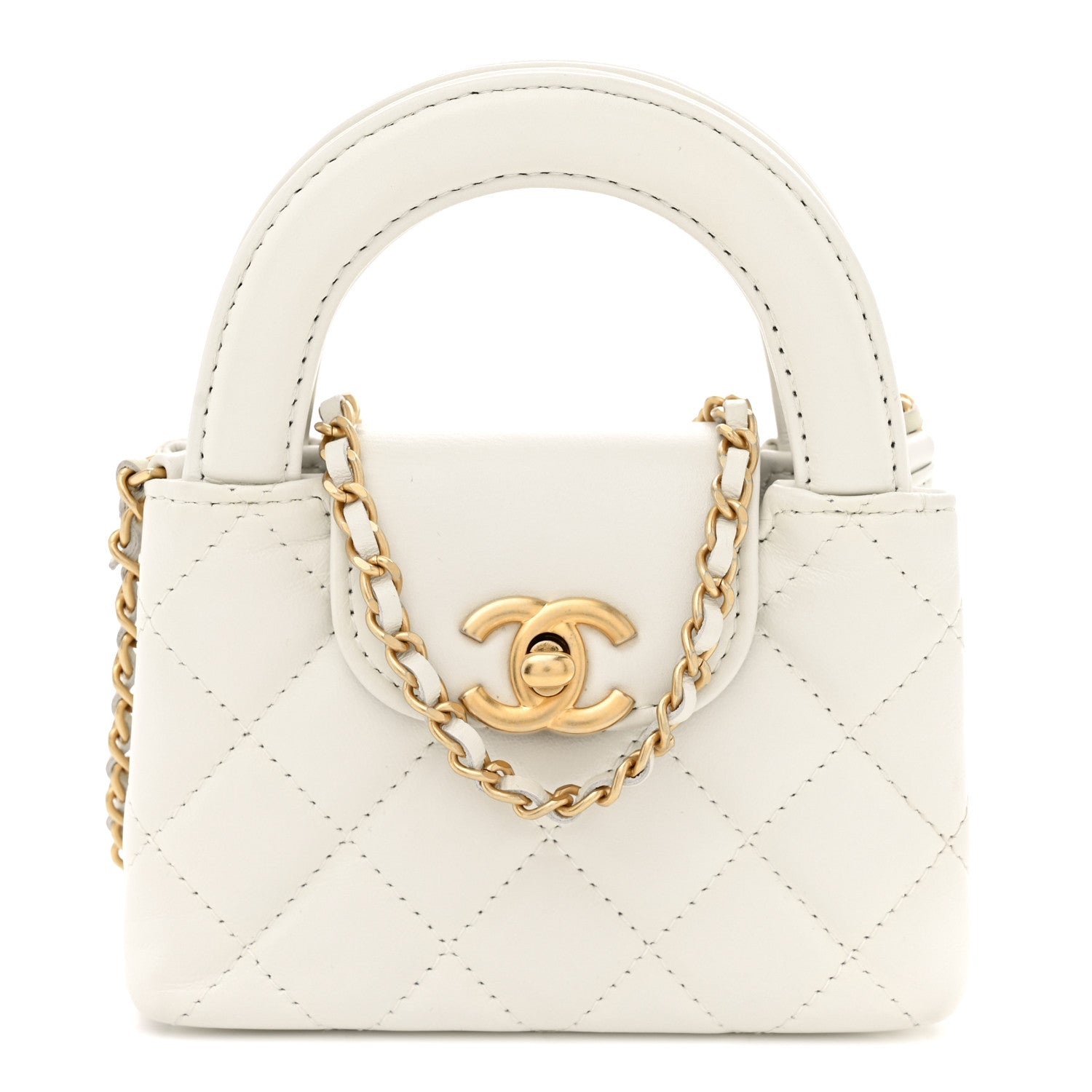 Shiny Aged Calfskin Quilted Mini Nano Kelly Shopper White