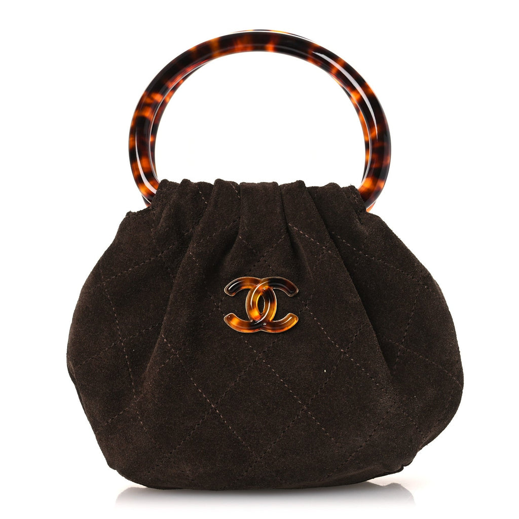 Suede Calfskin Plexiglass Tortoise Shell Quilted Mini Pouch Brown