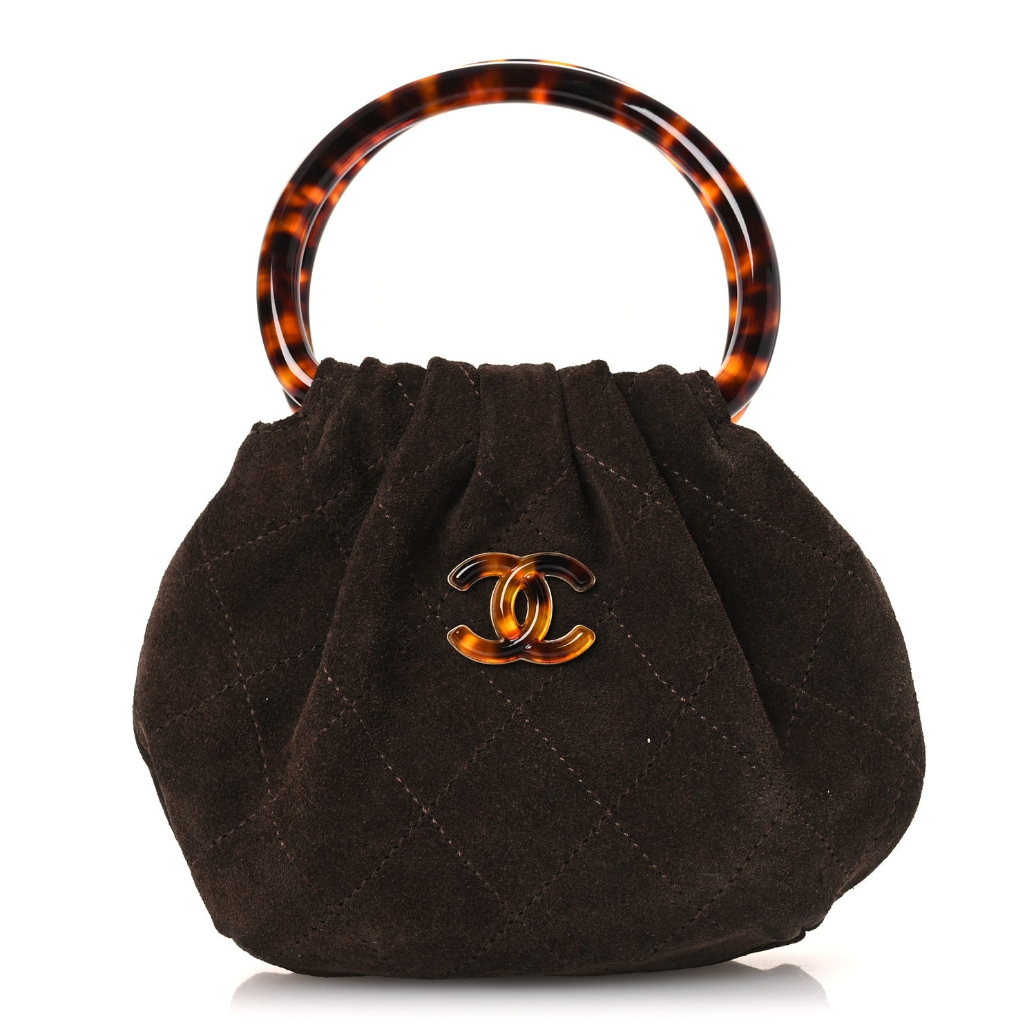 Suede Calfskin Plexiglass Tortoise Shell Quilted Mini Pouch Brown