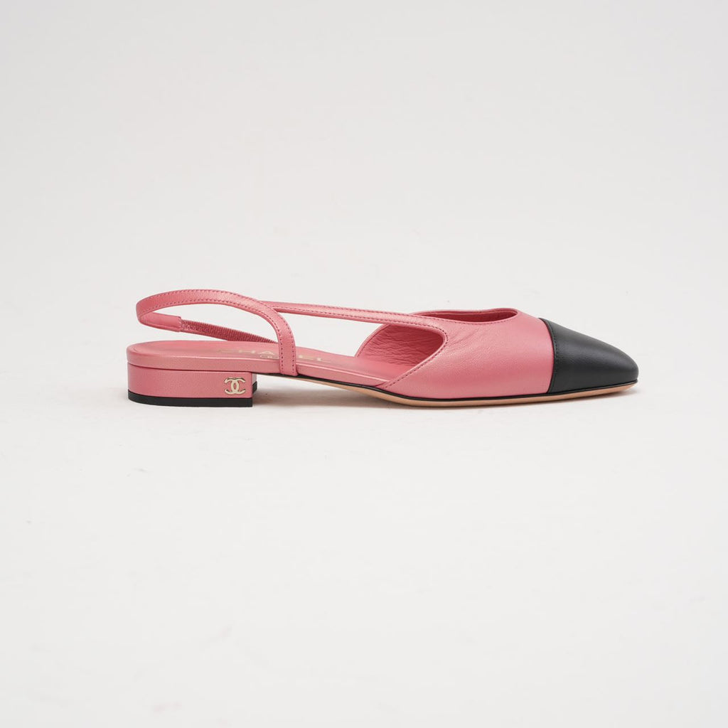 Chanel Pink / Black CC Logo Slingback Flats Size 38.5