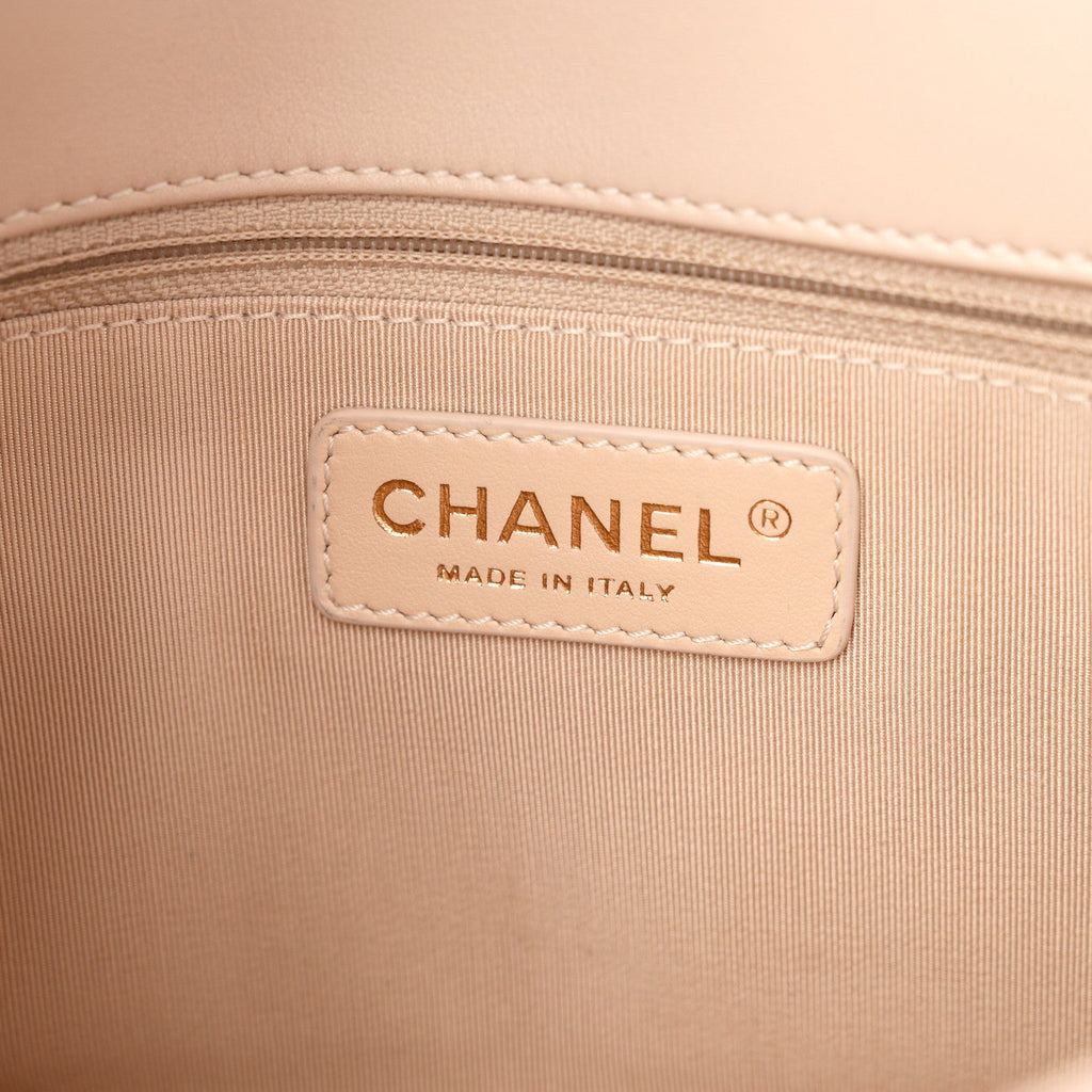 Calfskin Stitched Medium Covered CC Flap Bag Beige